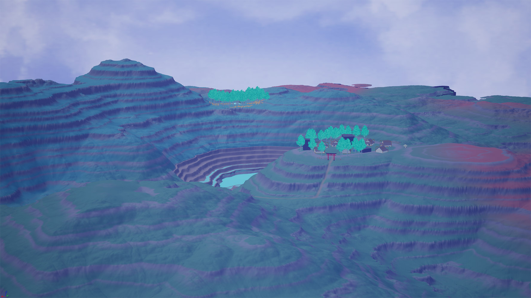 game screenshot, a village on a hill next to a pond
